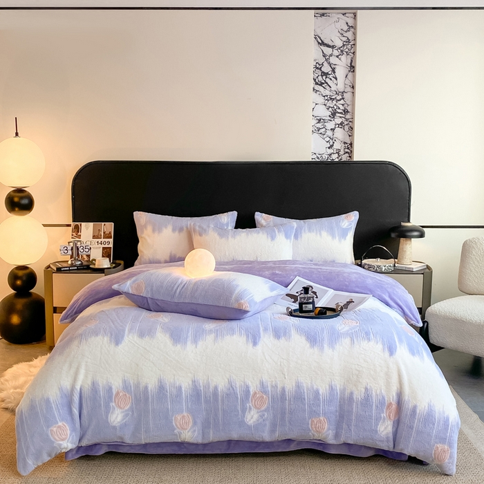 91家纺网 家纺一手货源 找家纺 富之航家纺 2024新款剪花兔兔绒四件套 郁金香-紫