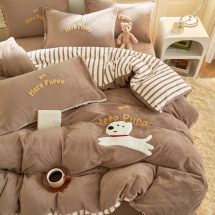 晨曦家纺 2024新款毛巾绣牛奶绒卡通单被套 puppy狗-卡布奇诺咖