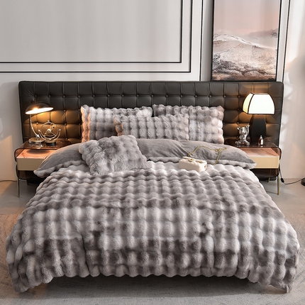 91家纺网 家纺一手货源 找家纺 同田家纺 2023直播热款兔毛四件套兔兔绒牛奶绒四件套 七彩-烟灰