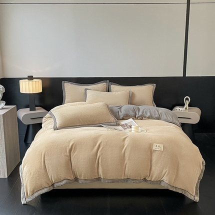 91家纺网 家纺一手货源 找家纺 （总）欧邦 新款纯色双拼牛奶绒夹棉床笠四件套