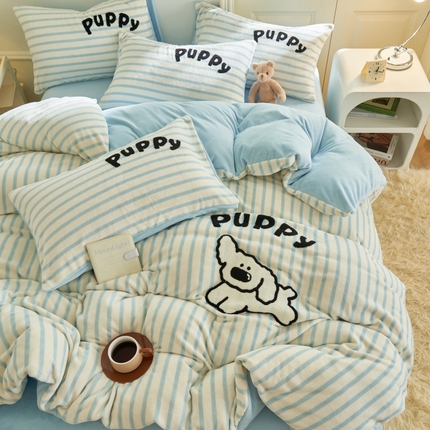 晨曦家纺 2024新款卡通毛巾绣牛奶绒卡通四件套 小奶狗-樱兰