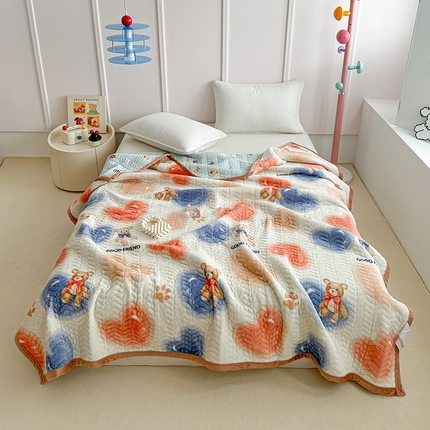 91家纺网 家纺一手货源 找家纺 源舜家纺 2025新款小清新印花牛奶绒床盖多用途盖毯系列 小熊胖胖