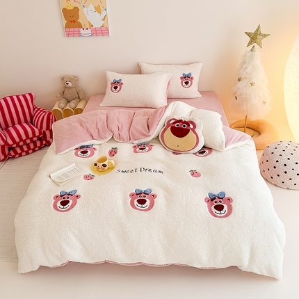 91家纺网 家纺一手货源 找家纺 乐坊 2024新款羊羔绒毛巾绣牛奶绒四件套冬季加厚保暖 大耳朵熊