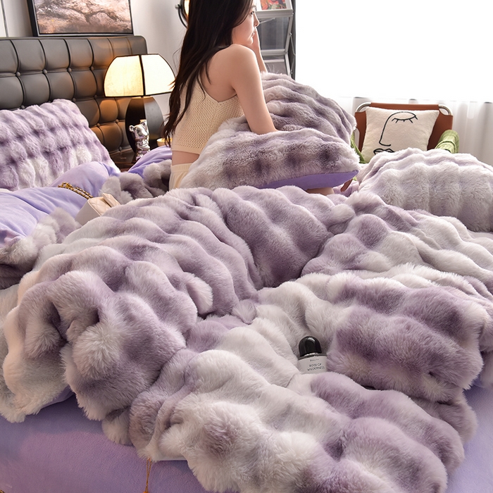 91家纺网 家纺一手货源 找家纺 同田家纺 2023直播热款兔毛四件套兔兔绒牛奶绒四件套 七彩-紫