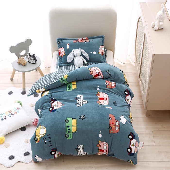 91家纺网 家纺一手货源 找家纺 吉咪兔 2025新款儿童卡通牛奶绒双面绒幼儿园被子三件套六件套保暖被褥被套 滴滴车队-蓝