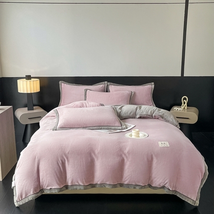 91家纺网 家纺一手货源 找家纺 （总）欧邦 新款纯色双拼牛奶绒夹棉床笠四件套