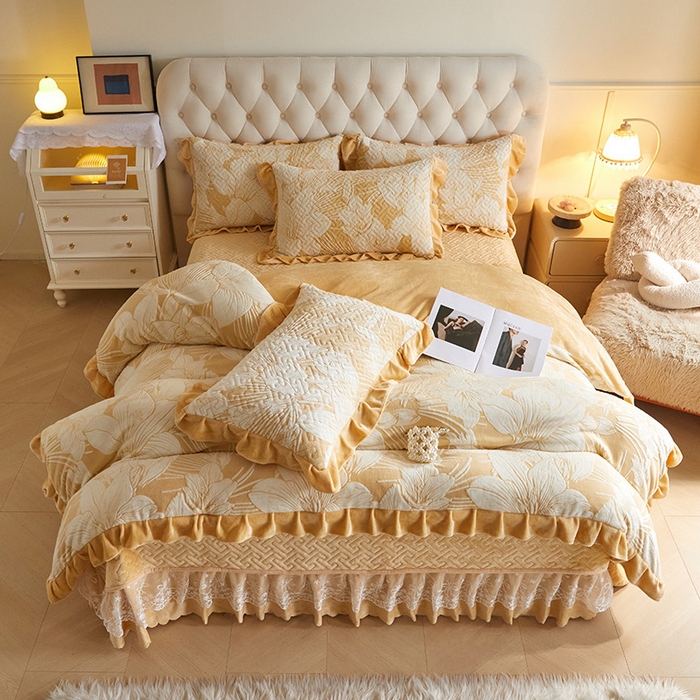 91家纺网 家纺一手货源 找家纺 畅畅家纺 2024新款11斤高克重新款韩版烂花牛奶绒床盖四件套系列 幽兰-嫩黄