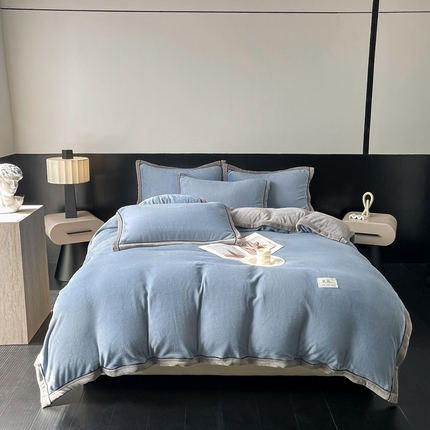91家纺网 家纺一手货源 找家纺 （总）欧邦 新款纯色双拼牛奶绒夹棉床笠四件套