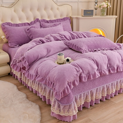 91家纺网 家纺一手货源 找家纺 畅畅家纺 2024新款简约纯色牛奶绒夹棉床盖四件套 倾城-紫