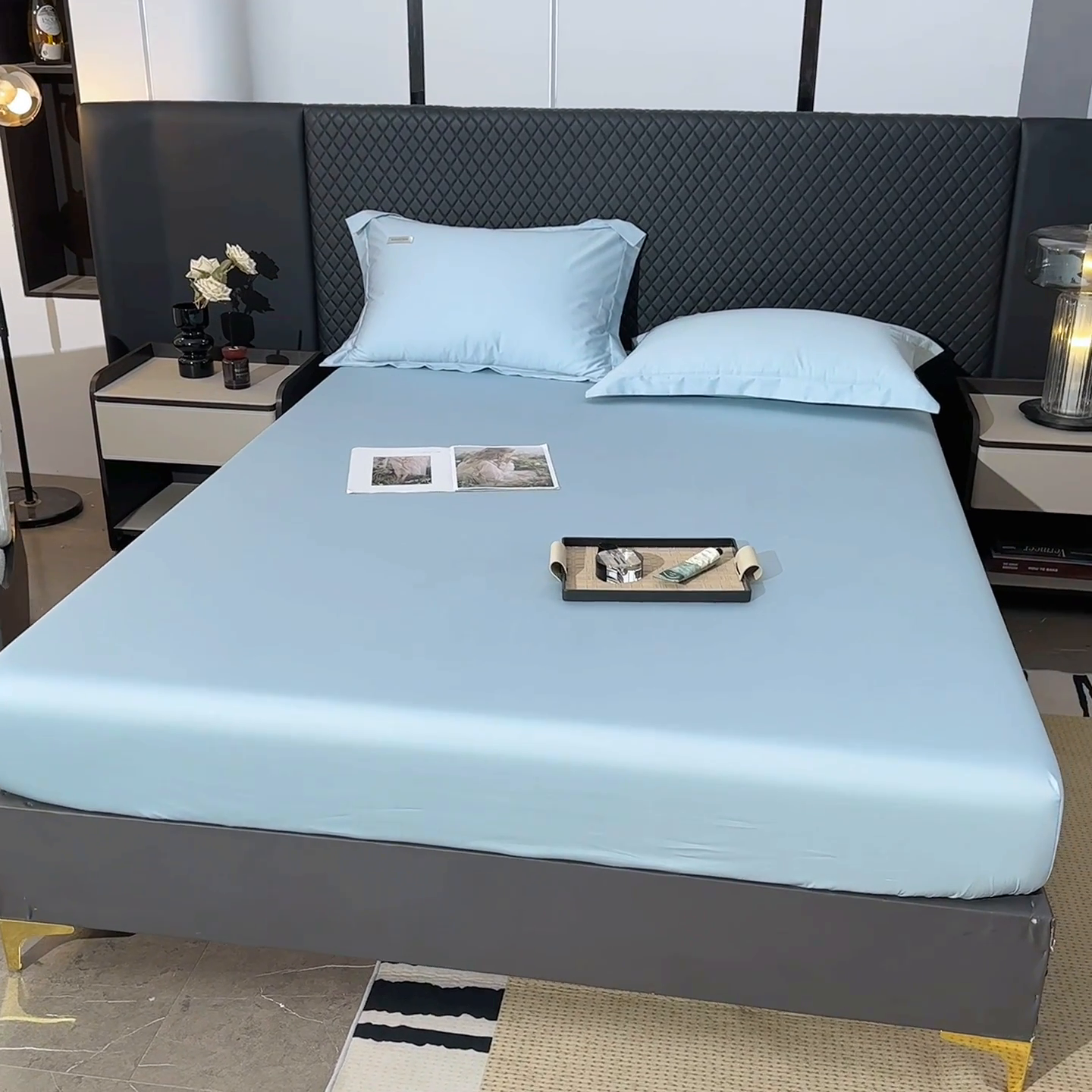 91家纺网 家纺一手货源 找家纺 凯森家纺 2024新款长绒棉床笠单件纯棉贡缎100支床罩席梦思保护罩全棉床套床笠款三件套 月光蓝