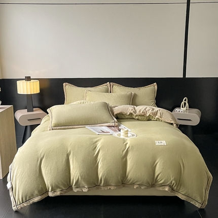 91家纺网 家纺一手货源 找家纺 （总）欧邦 新款纯色双拼牛奶绒夹棉床笠四件套