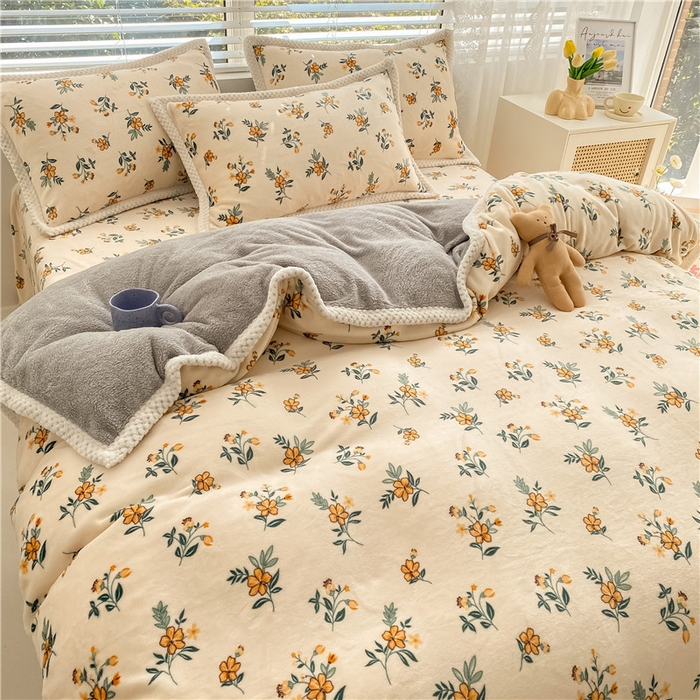 91家纺网 家纺一手货源 找家纺 琪格格纺织 2024新款印花A牛奶绒B兔兔绒大包边四件套 小黄花-牛奶绒大包边