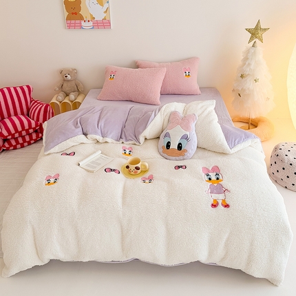 乐坊 2024新款羊羔绒毛巾绣牛奶绒四件套冬季加厚保暖 紫色大嘴鸭