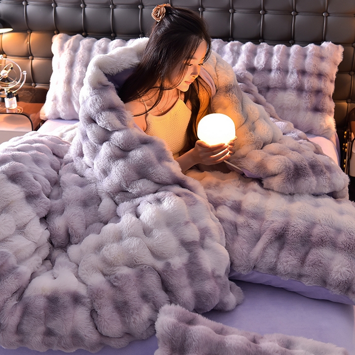 91家纺网 家纺一手货源 找家纺 同田家纺 2023直播热款兔毛四件套兔兔绒牛奶绒四件套 七彩-紫