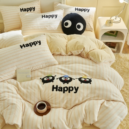 晨曦家纺 2024新款毛巾绣牛奶绒卡通单被套 小黑球家族-奶黄