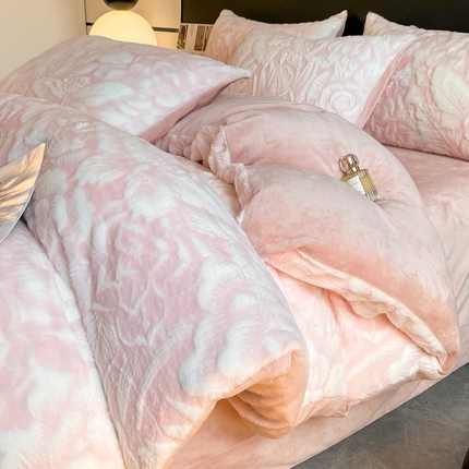 富之航家纺 2024新款剪花兔兔绒四件套 花恋-粉