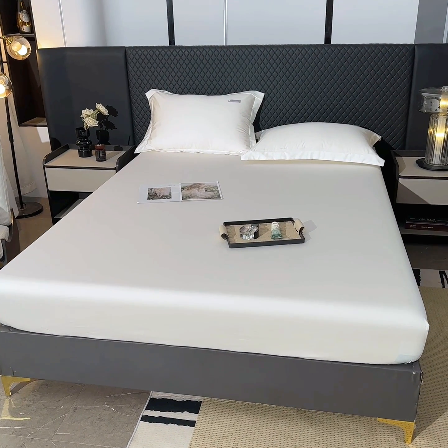 91家纺网 家纺一手货源 找家纺 凯森家纺 2024新款长绒棉床笠单件纯棉贡缎100支床罩席梦思保护罩全棉床套床笠款三件套 月光白