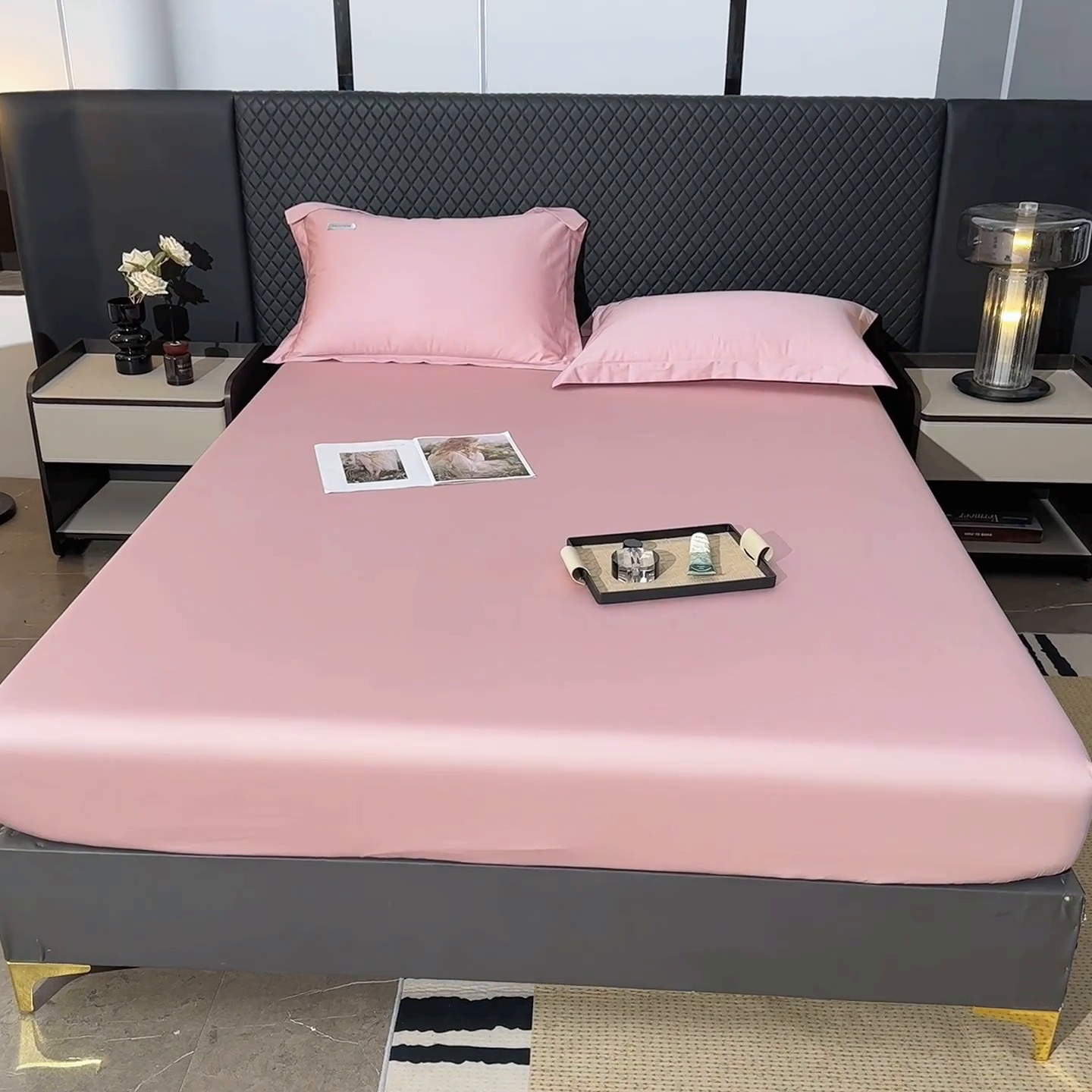 91家纺网 家纺一手货源 找家纺 凯森家纺 2024新款长绒棉床笠单件纯棉贡缎100支床罩席梦思保护罩全棉床套床笠款三件套 梦幻粉