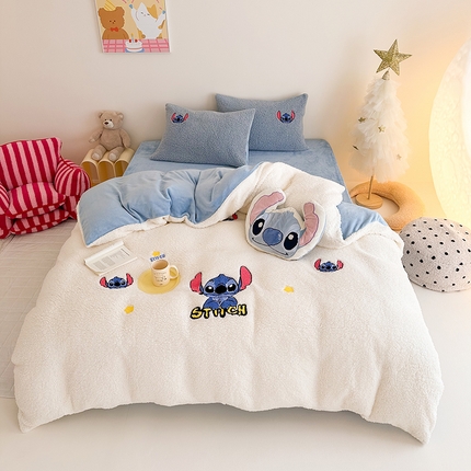 乐坊 2024新款羊羔绒毛巾绣牛奶绒四件套冬季加厚保暖 蓝仔仔