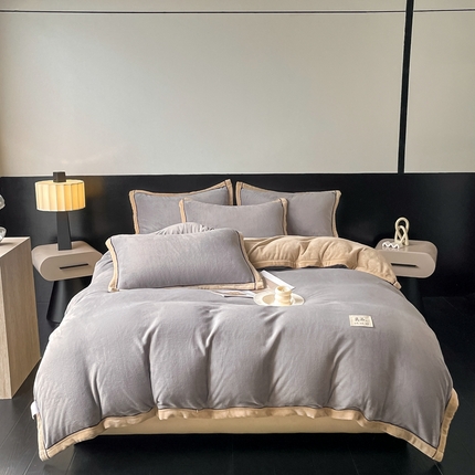 91家纺网 家纺一手货源 找家纺 （总）欧邦 新款纯色双拼牛奶绒夹棉床笠四件套