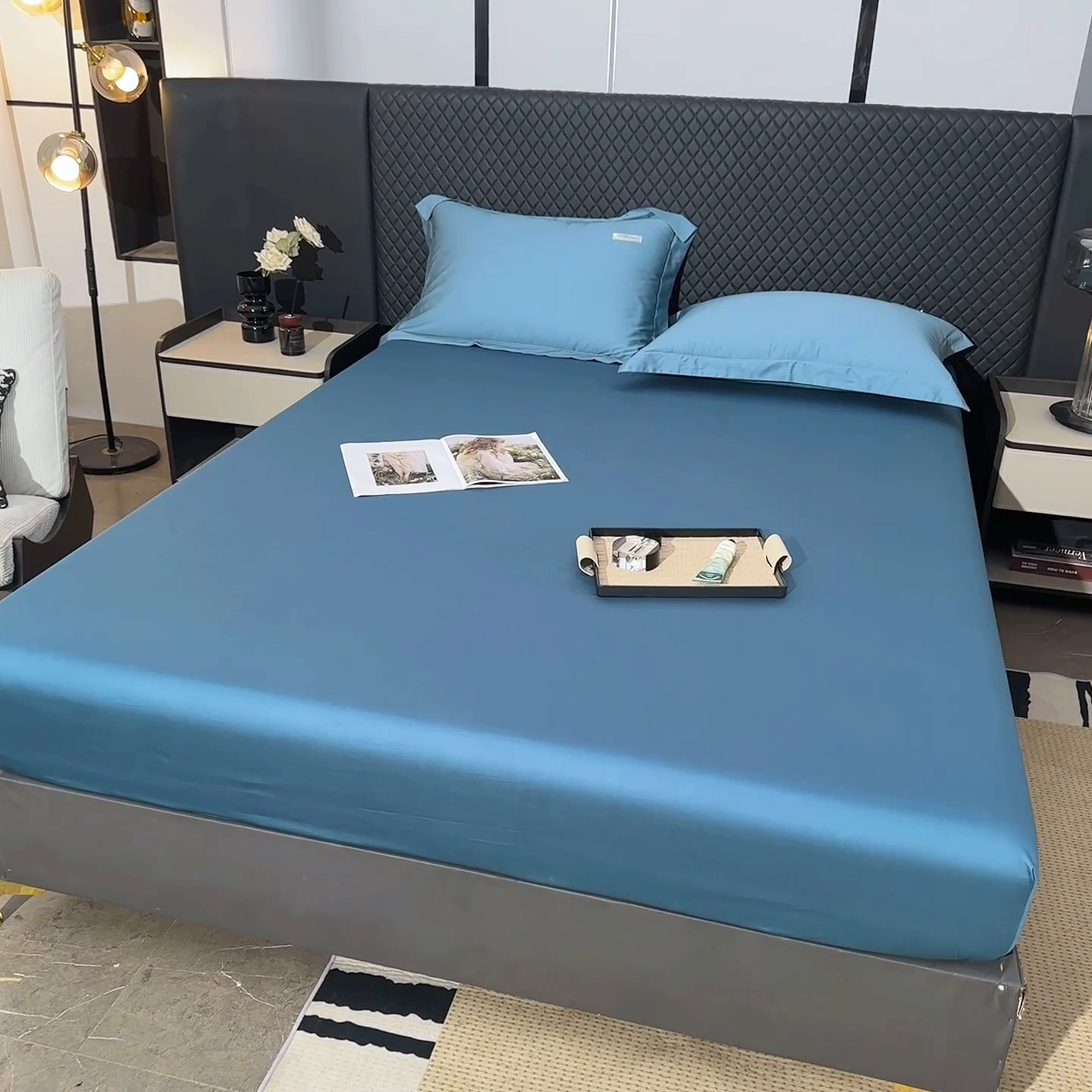 91家纺网 家纺一手货源 找家纺 凯森家纺 2024新款长绒棉床笠单件纯棉贡缎100支床罩席梦思保护罩全棉床套床笠款三件套 群青蓝