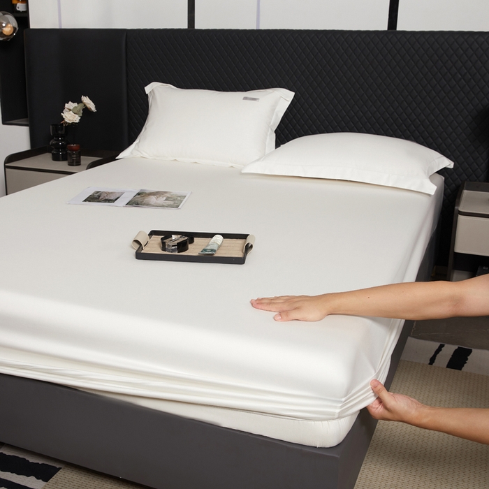 91家纺网 家纺一手货源 找家纺 凯森家纺 2024新款长绒棉床笠单件纯棉贡缎100支床罩席梦思保护罩全棉床套床笠款三件套 月光白