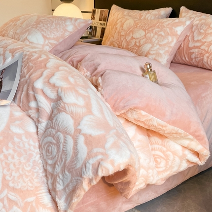 富之航家纺 2024新款剪花兔兔绒四件套 花恋-橙