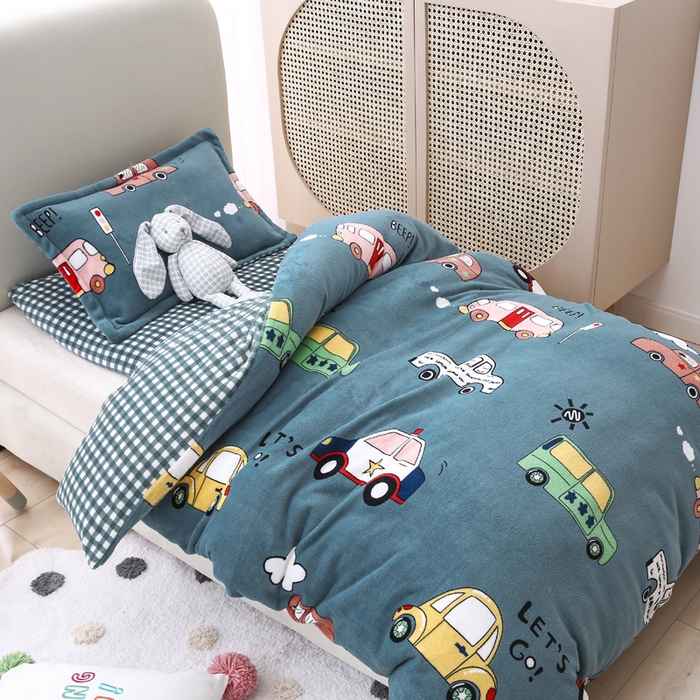 91家纺网 家纺一手货源 找家纺 吉咪兔 2025新款儿童卡通牛奶绒双面绒幼儿园被子三件套六件套保暖被褥被套 滴滴车队-蓝