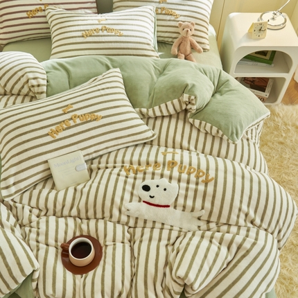 晨曦家纺 2024新款毛巾绣牛奶绒卡通单被套 puppy狗-暖绿