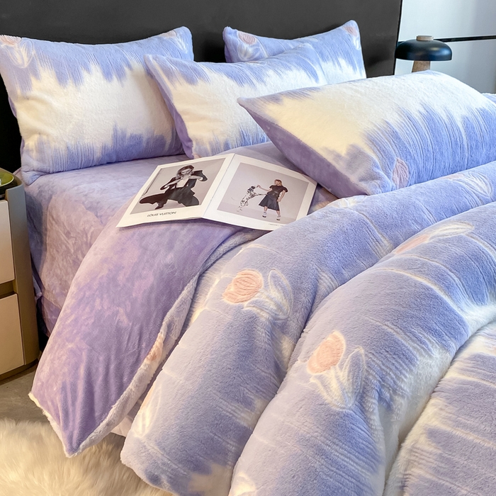 91家纺网 家纺一手货源 找家纺 富之航家纺 2024新款剪花兔兔绒四件套 郁金香-紫