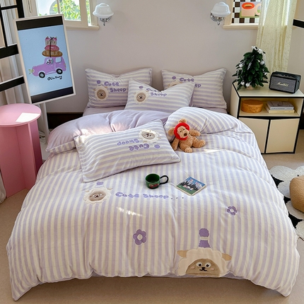 91家纺网 家纺一手货源 找家纺 桃子家居 2024新款A类ins博主小红书刺绣贴布绣立体高级工艺烂花雕花牛奶绒系列四件套 绒刺绣-喜洋洋