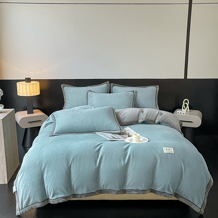 91家纺网 家纺一手货源 找家纺 （总）欧邦 新款纯色双拼牛奶绒夹棉床笠四件套