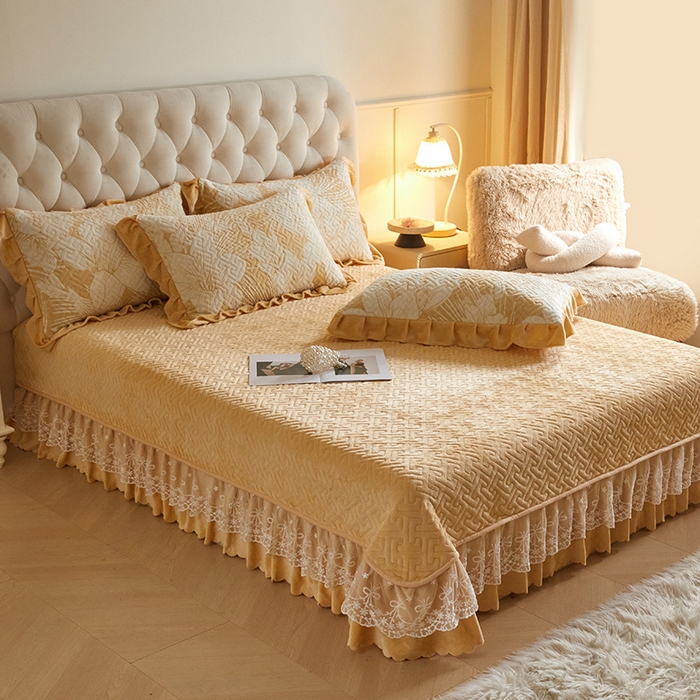 91家纺网 家纺一手货源 找家纺 畅畅家纺 2024新款11斤高克重新款韩版烂花牛奶绒床盖四件套系列 幽兰-嫩黄