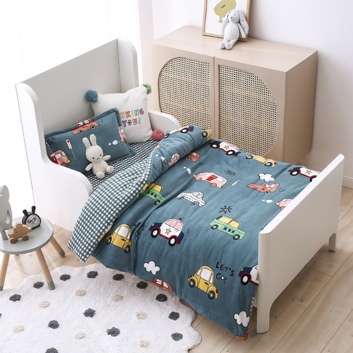91家纺网 家纺一手货源 找家纺 吉咪兔 2025新款儿童卡通牛奶绒双面绒幼儿园被子三件套六件套保暖被褥被套 滴滴车队-蓝