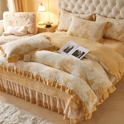 畅畅家纺 2024新款11斤高克重新款韩版烂花牛奶绒床盖四件套系列 幽兰-嫩黄