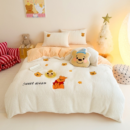 乐坊 2024新款羊羔绒毛巾绣牛奶绒四件套冬季加厚保暖 笨笨熊