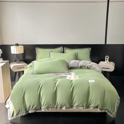 91家纺网 家纺一手货源 找家纺 （总）欧邦 新款纯色双拼牛奶绒夹棉床笠四件套