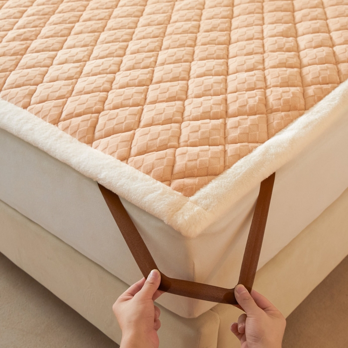 91家纺网 家纺一手货源 找家纺 （总）鑫钰 2024新款宝宝绒牛奶绒烂花大豆夹棉床褥床护垫-菱形格