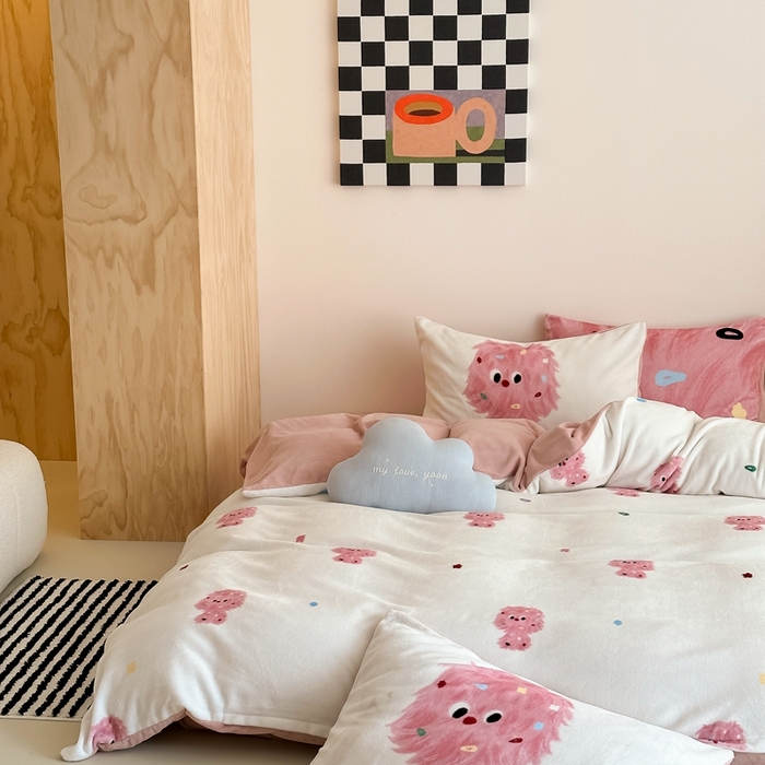 91家纺网 家纺一手货源 找家纺 时光里 2024新款ins风牛奶绒四件套 毛毛怪