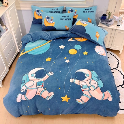 91家纺网 家纺一手货源 找家纺 浩诚 2024新款大版卡通高克重加厚保暖牛奶绒四件套太空人宇航员系列-原创设计 快乐星球