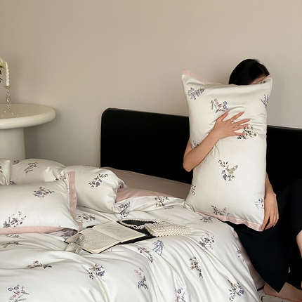 2024新款40s加厚天丝棉磨毛印花四件套-花信 花信-米白