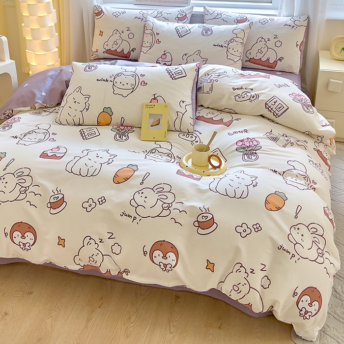 91家纺网 家纺一手货源 找家纺 拾物记 2024新款A类12868全棉喷气印花四件套 萌宠日常