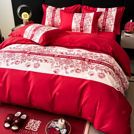 91家纺网 家纺一手货源 找家纺 （总）金牛座家纺 2025新款高克重亲肤棉磨毛数码印花婚庆四件套配高档礼盒