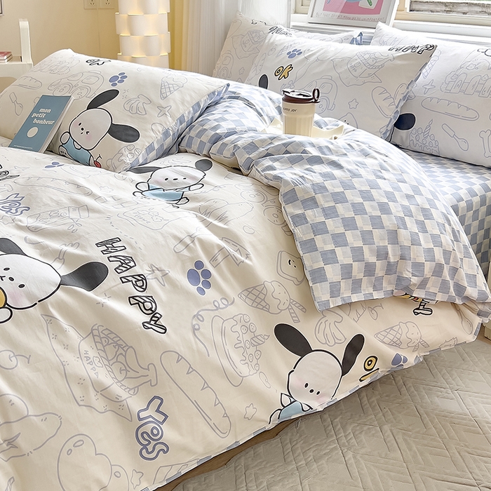 91家纺网 家纺一手货源 找家纺 拾物记 2024新款A类12868全棉喷气印花四件套 蓝色小狗