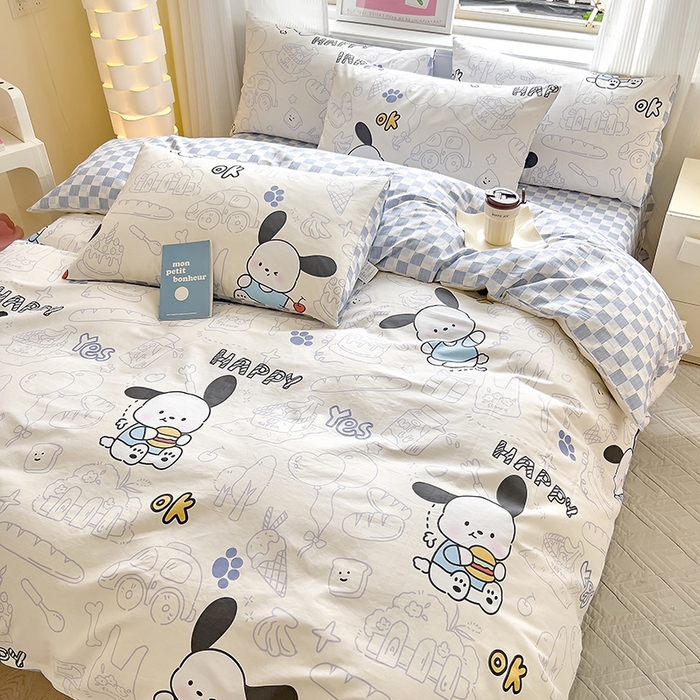 91家纺网 家纺一手货源 找家纺 拾物记 2024新款A类12868全棉喷气印花四件套 蓝色小狗