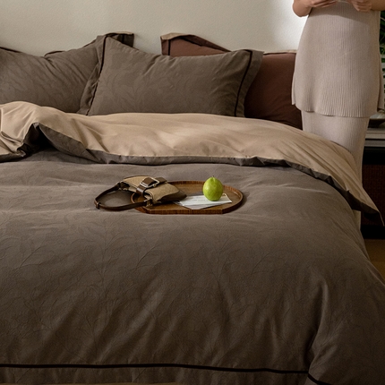 2024新款老钱风复古秋冬全棉加厚立体浮雕磨毛四件套 茶檀