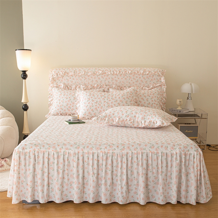 91家纺网 家纺一手货源 找家纺 十个点家纺 2024新款云锦棉印花床裙三件套-晚秋系列 红粉世家