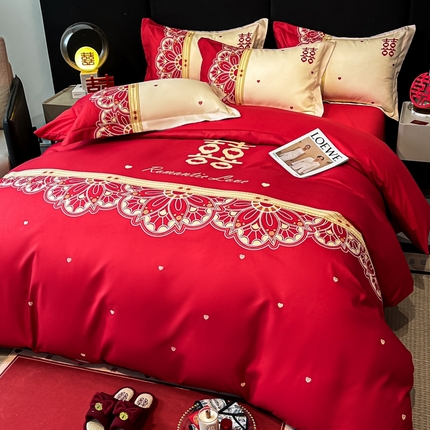 91家纺网 家纺一手货源 找家纺 （总）金牛座家纺 2025新款高克重亲肤棉磨毛数码印花婚庆四件套配高档礼盒