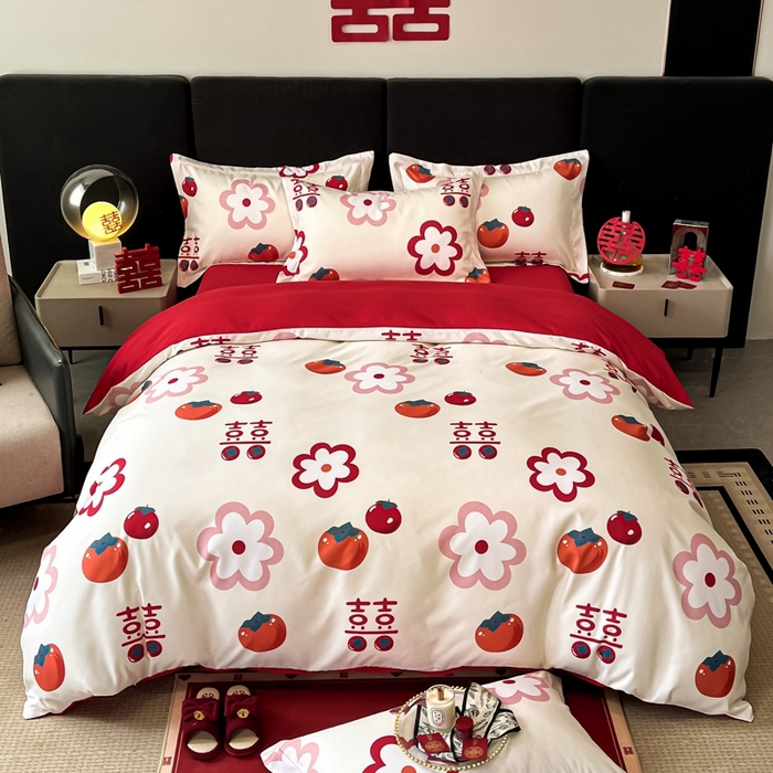 91家纺网 家纺一手货源 找家纺 金牛座家纺 2025新款高克重亲肤棉磨毛数码印花婚庆四件套配高档礼盒 柿柿如意