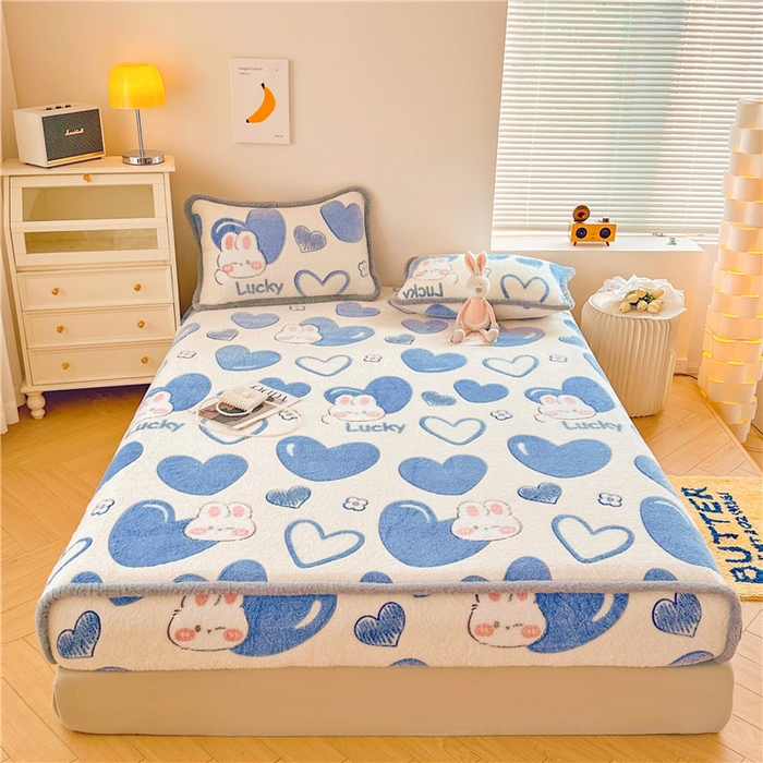 91家纺网 家纺一手货源 找家纺 喜居 喜居 2024新款雪花绒床笠印花牛奶绒床笠三件套单床笠 爱心兔